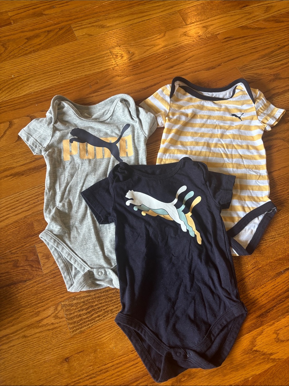 12 month PUMA Baby Cotton Onesie Bodysuit - Navy, Gray, Yellow Stripe